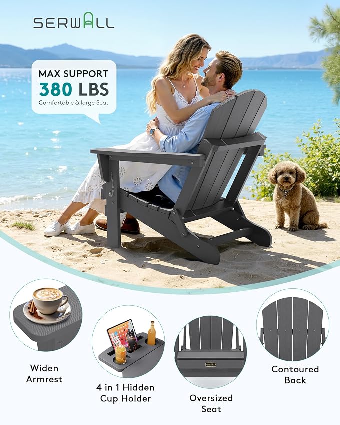 SERWALL Folding Adirondack Chair Set of 4, Outdoor Adirondack Chairs with 4 in 1 Cup Holder, Wood Texture Patio Chairs, Weather Resistant Fire Pit Chairs for Patio Deck Garden, Backyard Deck - Gray - Image 6