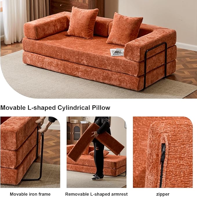 4-in-1 Folding Convertible Sofa Bed, 77" Floor Couch with Pillow - Chenille Fabric & High-Density Sponge & Fixed-Shape Frame, Modular Sofa for Living Room/Lounge/Studio, Orange