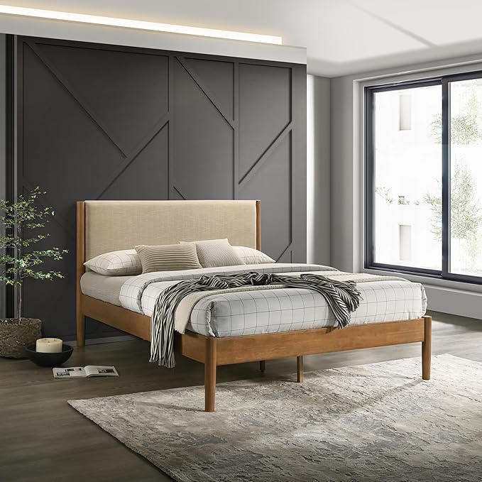 Roundhill Furniture Vichy 2-Piece Rubberwood Bedroom Set with Upholstered Queen Bed and Nightstand, Textured Polyester