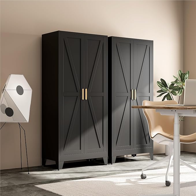 Metal Wardrobe Closet with Doors and Shelves, 71" Farmhouse Bedroom Armoire with Hanger Rod and Clothing Shelf, White Steel Wardrobe Cabinet Storage Clothes Closet
