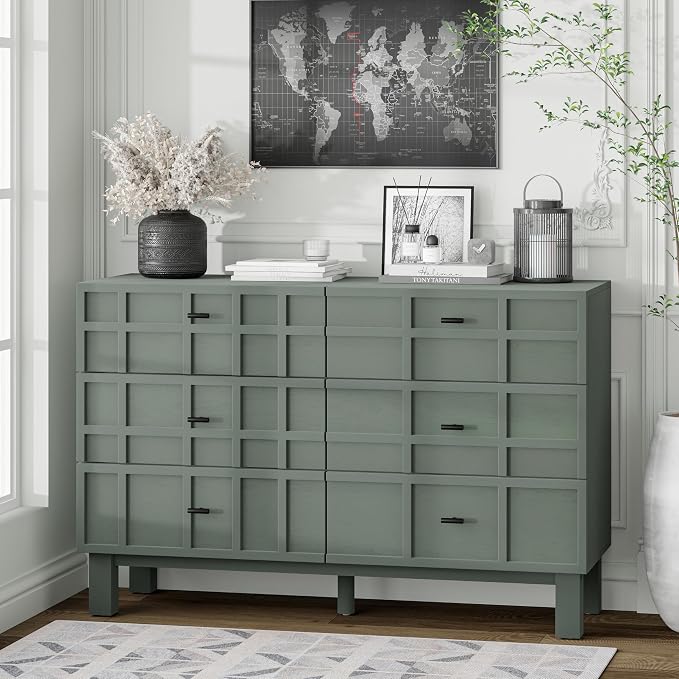 Aoikax Modern 6 Drawer Double Dresser X 2P with Grid Carved Pine Front, Minimalist Chest of Drawers with Large Storage Space Metal Base for Bedroom, Ash Veneered Top, Metal Legs, Light Green - Image 6
