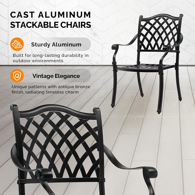 VINGLI Patio Chairs Set of 2 - Stackable Outdoor Cast Aluminum Dining Chairs with Vintage Black Finish and Diamond Pattern, Metal Armchairs for Poolside, Backyard, Balcony (No Cushion) - Image 4