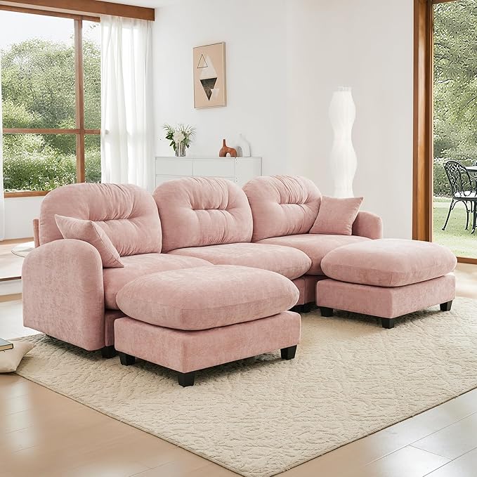 KEIKI 107" U-Shaped Oversized Chenille Modular Sectional Sofa with 2 Ottoman, High-Density Foam Cushions, Tufted Pleated Cushion Backrest, Modern 3-Seater Couch with 2 Pillow, for Living Room, Pink