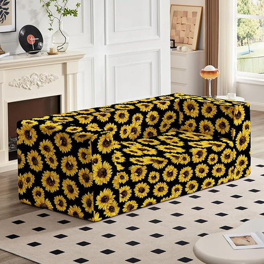 Loveseat Sofa, Boneless Couch in a Box with Sunflowers Print, Small Couch for Small Spaces, High-Resiliency Memory Foam, No Assembly Required, for Living Room, Bedroom, Office