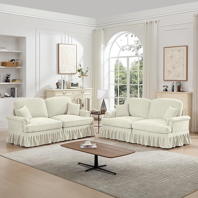 KEIKI Mid Century Modular Sofa with Flared Arms and Skirted Design, 76" Loveseat Chenille Sectional Couches Set for Living Room, Comfy Apartment Size Couch, Home Sofa Bedroom Furniture, Beige White