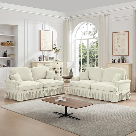 KEIKI Mid Century Modular Sofa with Flared Arms and Skirted Design, 76" Loveseat Chenille Sectional Couches Set for Living Room, Comfy Apartment Size Couch, Home Sofa Bedroom Furniture, Beige White
