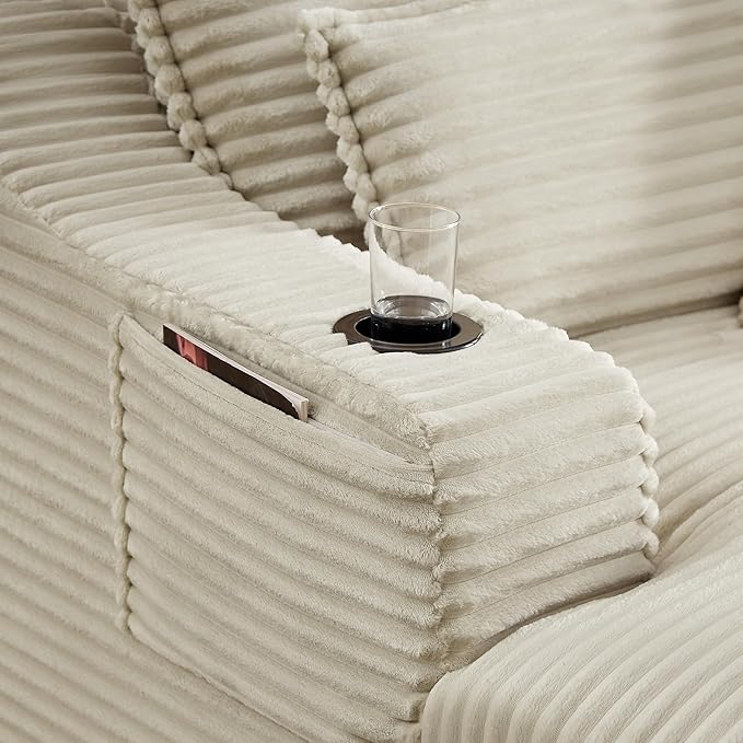 47 Inches Oversized Chaise Lounge Chair Indoor, Fluffy Corduroy Upholstered Boneless Sleeper Sofa Couch with Cupholders and 3 Throw Pillows, Deep Seat Lazy Lounger Cloud Couch Bed