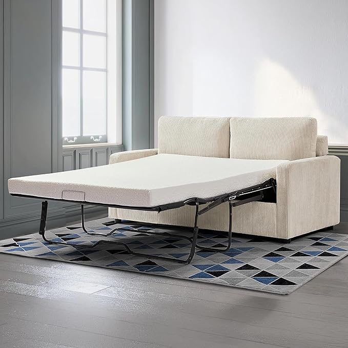 Reversible Sleeper Sofa Bed with Comfortable Memory Foam Mattress, Convertible Corduroy Full Size Pull Out Couch for Living Room, Space Saving Furniture, 70" Wide, Rectangular Arms, Ivory