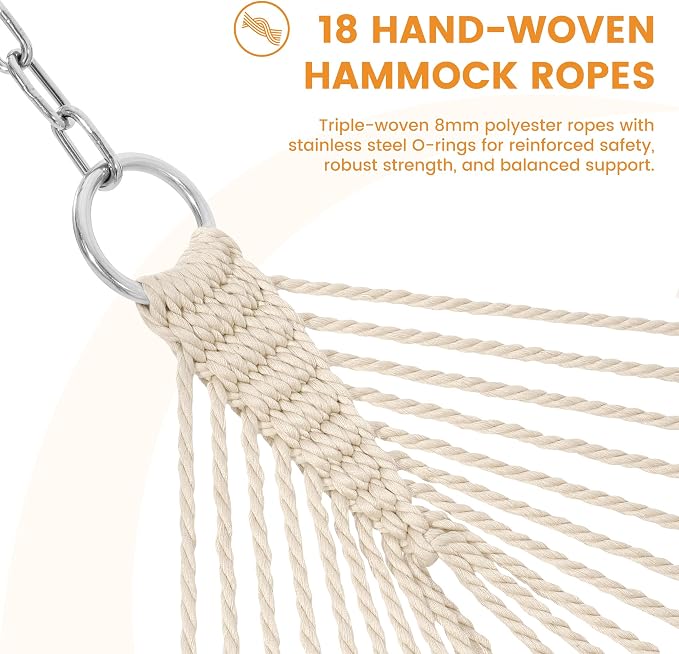Lazy Daze Hammocks 10.5 FT Double 2 Person Caribbean Rope Hammock, Hand Woven Polyester Hammock with Spreader Bars, for Outside Outdoor Backyard Patio Poolside, 450 LBS Capacity, Cream - Image 4