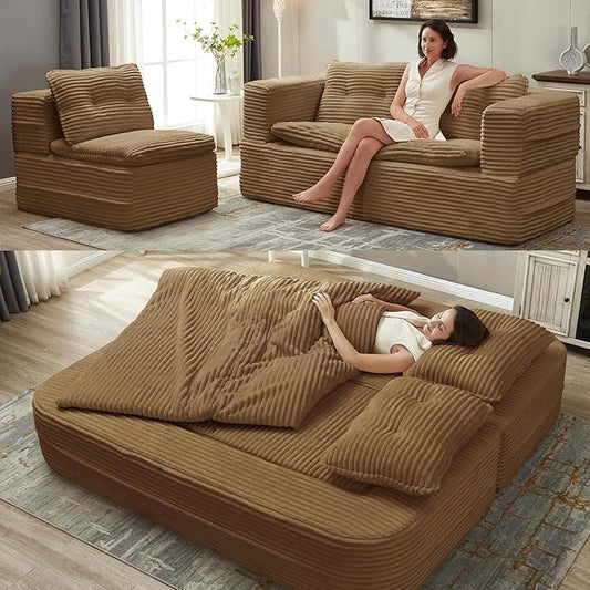 80" Convertible Sectional Sofa Bed, 3-in-1 Folding Floor Couch with Convertible Chaise Lounge, Plush Corduroy Sleeper Sofa for Living Room and Bedroom, No Assembly Required (Camel)