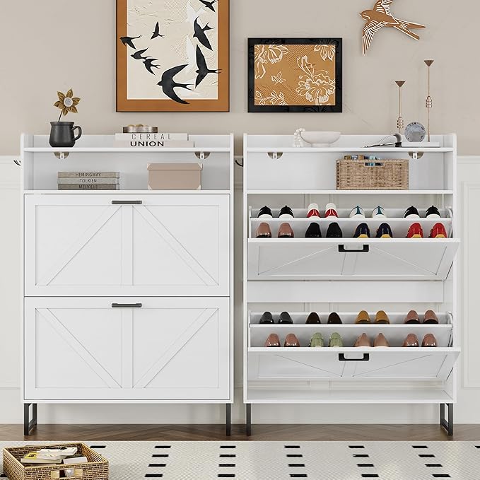 BORNOON Shoe Cabinet with 2 Flip Drawers Narrow Shoe Storage Cabinet Organizer Wooden Freestanding Shoe Rack Hidden Slim Shoes Storage Cabinet for Entryway, Hallway, Bedroom - Image 5