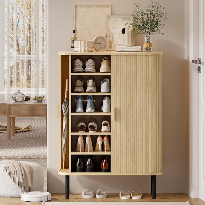 ONBRILL 6-Tier Shoe Cabinet with Sliding Door, Wooden Shoe Storage Cabinet with Adjustable Shelves, Mid-Century Modern Freestanding Shoe Storage Organizer for Entryway, Hallway, Living Room, Oak - Image 8