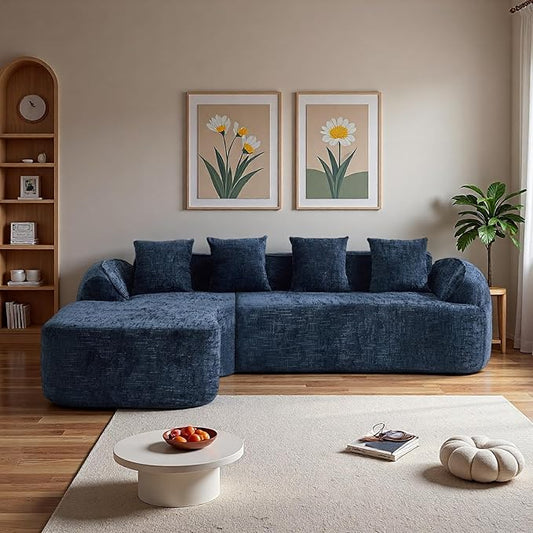 L Shaped Compression Sofa, Modular Couch with Curved Armrests & 4 Coordinating Pillows, Modern 101'' Chenille 4 Seater Sofa with Wide Seat for Living Room, Bedroom, No Assembly, Dark Blue