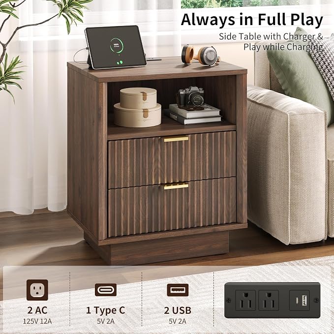 GOLDDAY Nightstands Set of 2 with Charging Station & LED Light, 2-Drawer Bedside Table with Outlets, Modern End Table with Open Shelf, for Bedroom, Home Office, Walnut - Image 5
