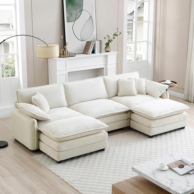 KEIKI 115" U-Shaped Oversized Corduroy Modular Sectional Sofa with 2 Ottoman, High-Density Foam Cushions, Removable Armrests, Upholstered 3-Seater Corner Couch with 5 Pillow, for Living Room, Beige