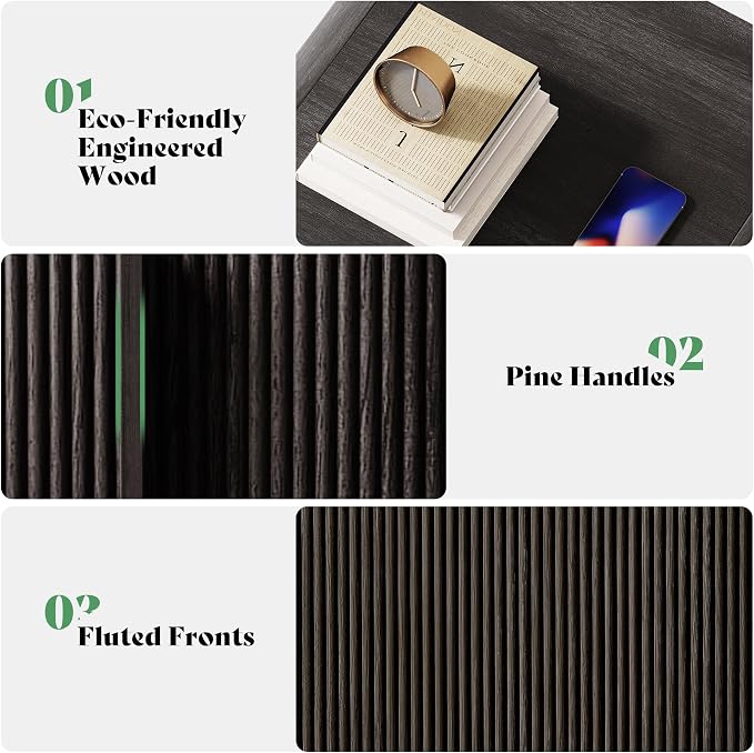 AMERLIFE Fluted Night Stand Set 2 with Storage Drawers, Modern Small Nightstand & Bedside Table with Open Shelf, Curved Profile Design & Pine Handles, Wood End Table for Bedroom, Black - Image 5