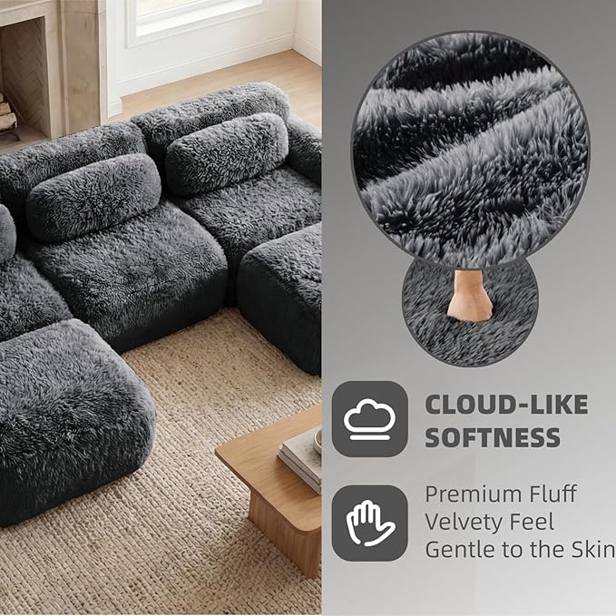 114.7" Modular Boneless Sofa, Modern Sectional Couch, U-Shape Boneless Couch for Living Room Apartments Bedroom, 32D High Density Sponge Lounge Sofa, No Assembly Required, Dark Grey