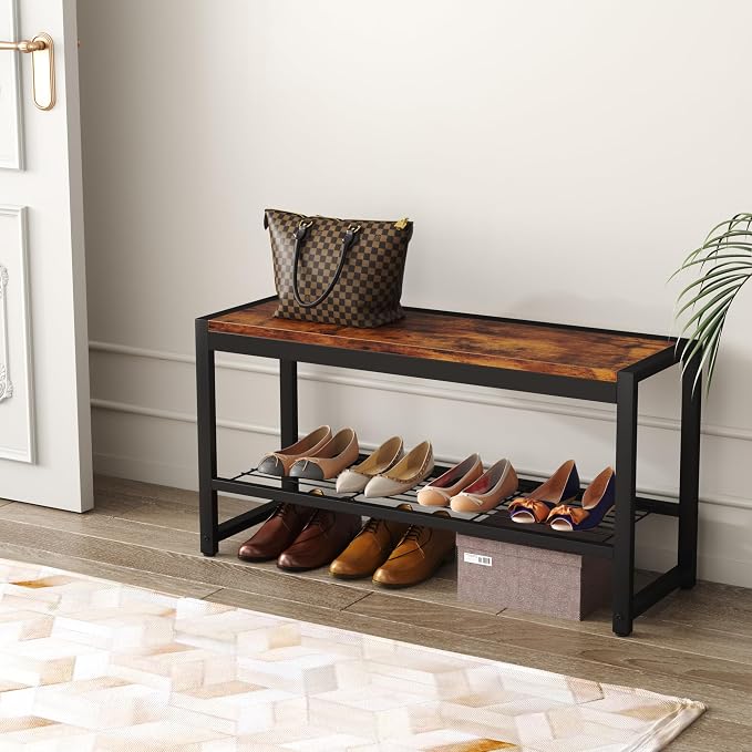 HOMEFORT Shoe Bench, Modern Industrial Shoe Storage Bench, Entryway Bench with Mesh Shelf and Sturdy Metal Frame, Metal Shoe Rack Bench for Hallway, Mudroom, Living Room, Rustic Brown - Image 5