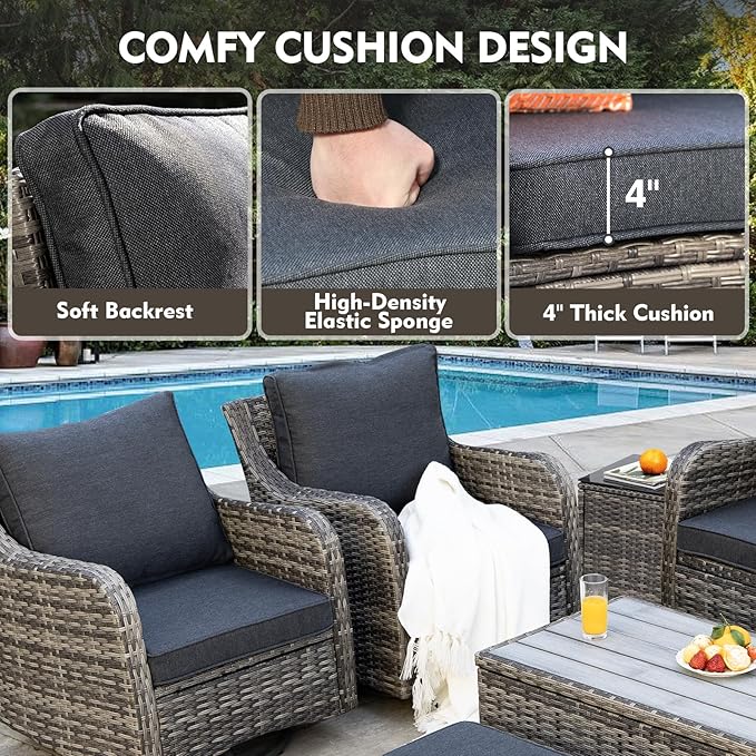 MEISSALIVVE 7 Pieces Patio Furniture Set with Swivel Chair, Wicker Patio Sofa, Rattan Conversation Set with Three-seat Sofa, 2 Ottomans and Loveseat for Lawn Backyard (Grey)