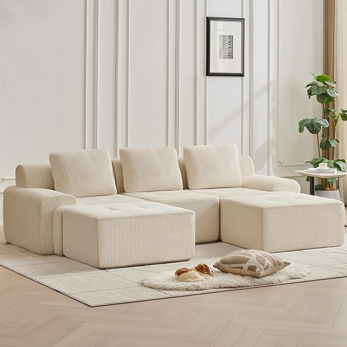 Modular Sectional Sofa with Movable Ottoman, 3 Seat Deep Seat Couch with 3 Pillows, Comfy Cloud Sectional Sofa for Living Room, Bedroom and Apartment (White, 1 Left+1 Right+1 Middle+2 Ottoman)