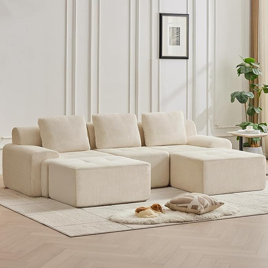 Modular Sectional Sofa with Movable Ottoman, 3 Seat Deep Seat Couch with 3 Pillows, Comfy Cloud Sectional Sofa for Living Room, Bedroom and Apartment (White, 1 Left+1 Right+1 Middle+2 Ottoman)