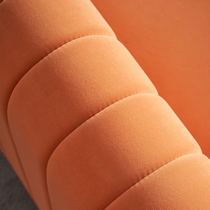 KEIKI 84" Velvet Deep Channel Tufted Sofa with Back Cushions and Rolled Arms, Modern Style 3-Seater Couch with Golden Polished Steel Legs, Easy Assembly, for Living Room, Bedroom, Office, Orange