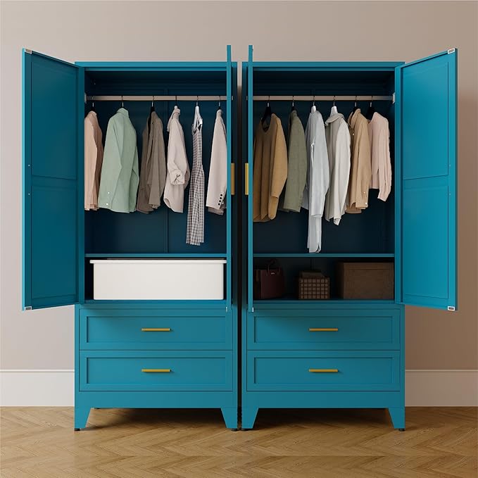 71" Tall Metal Armoire Wardrobe Closet,17.7" Deep By 31.5" Wide Portable Closet for Hanging Clothes,Wardrobe Cabinet with Drawers and Shelves for Bedroom Office Garage,Blue 1 Pack