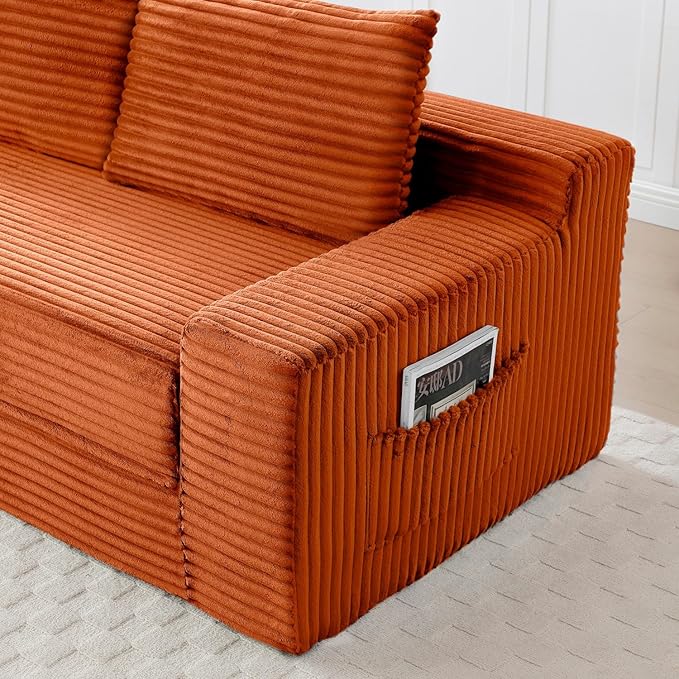 Convertible Sofa Bed, 2 in 1 Memory Foam Futon Couch, No Assembly Corduroy Foldable Sofa Bed, Comfy Floor Couch with 2 Pillows for Bedroom, Living Room, Apartment, Orange