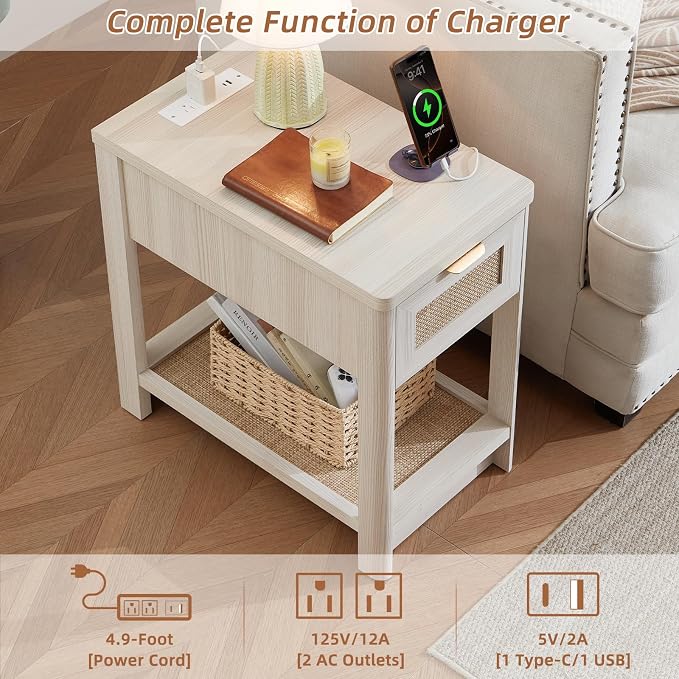 Lerliuo Narrow Night Stand Set of 2 with Charging Station, Boho Nightstand with Drawer, Bed Side End Table with Rattan Shelf for Small Spaces, Wood Nightstands Bedside Tables for Living Room Bedroom - Image 9