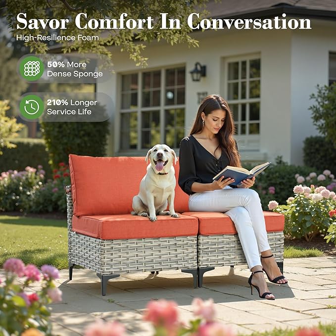 10 Piece Outdoor Patio Furniture with Swivel Rocking Chair, Rattan Wicker Conversation Set with Glowing Coffee Table, Sectional Single Chairs for Porch Balcony Backyard Pool,Orange