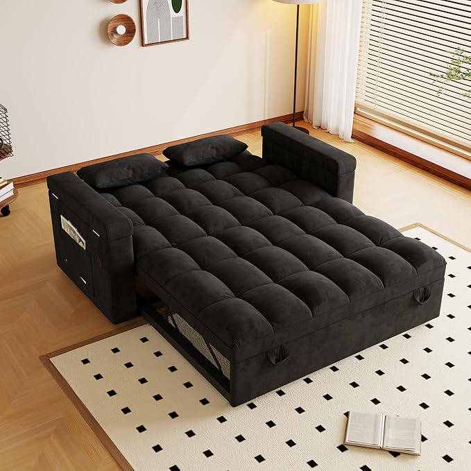 Convertible Sofa Bed, 5-in-1 Pull Out Couch with Side Table, Loveseat Sleeper Sofas Bed Couch with USB Port, 65‘’ Velvet Pull Out Sofa Beds for Living Room, Bedroom, Apartment