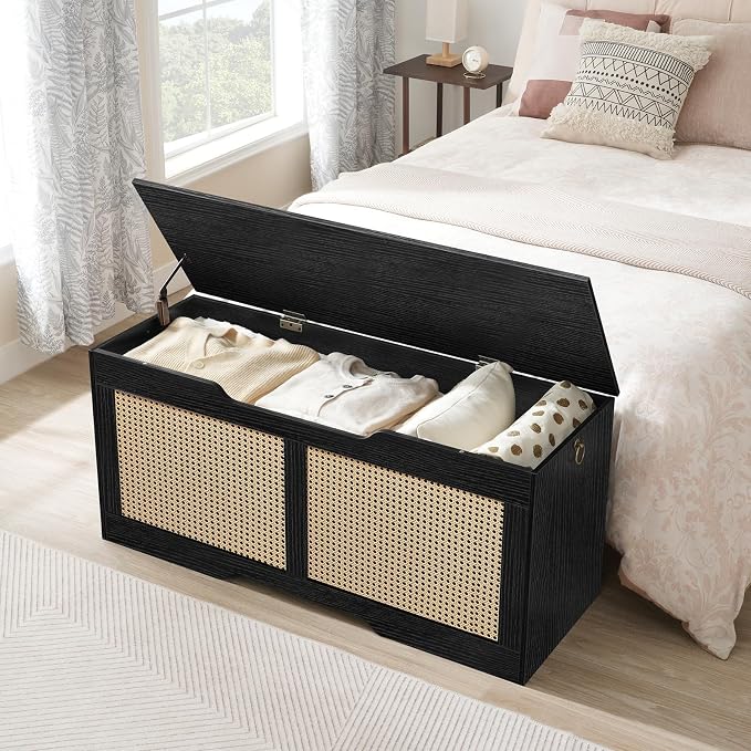 HOOBRO Storage Bench, 43.3" Toy Box, Rattan-Like Storage Chest, Sturdy Entryway Bench Supports 220 lb, Toy Chest, Safety Hinge, U-Shaped Opening, Easy Assembly, Black BB22CW01 - Image 4