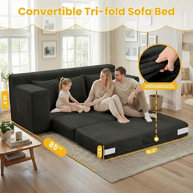 Boneless Couch Sleeper Sofa Bed: 3-in-1 Convertible Sofa Bed with Side Pockets & Handle,Pull Out Couch with 3 Pillows,Folding Futon for Small Space,Living Room & Bedroom