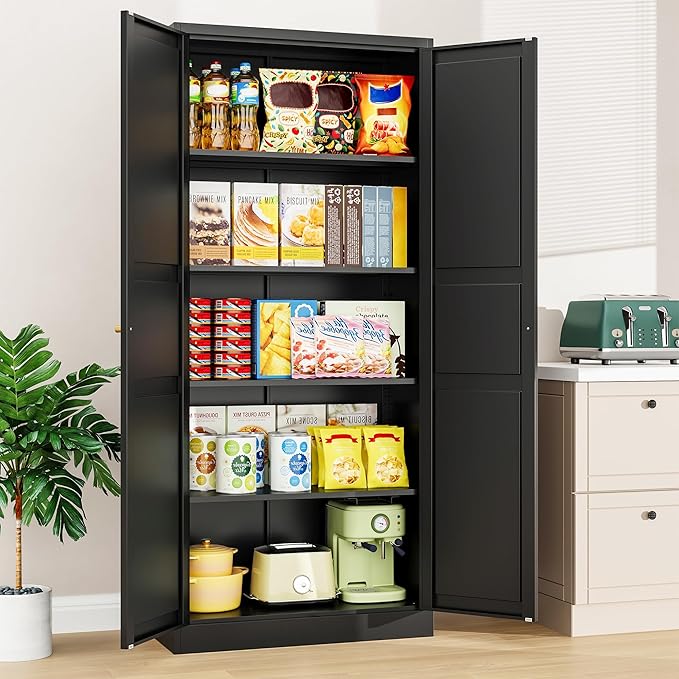 SISESOL Black Storage Cabinet,71" Tall Pantry Cabinet,Kitchen Pantry Storage Cabinets with 2 Doors and 5 Shelves,Wide Deep Metal Food Cupboard for Home,Kitchen,Dining/Living Room