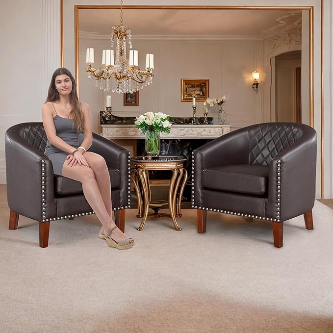 Prilinex Comfy Barrel Accent Chair - Faux Leather Living Room Chair Club Chair with Cushion, Diamond Grid Backrest & Nailhead Trim, Guest Chair for Office, Bedroom & Waiting Room, Brown