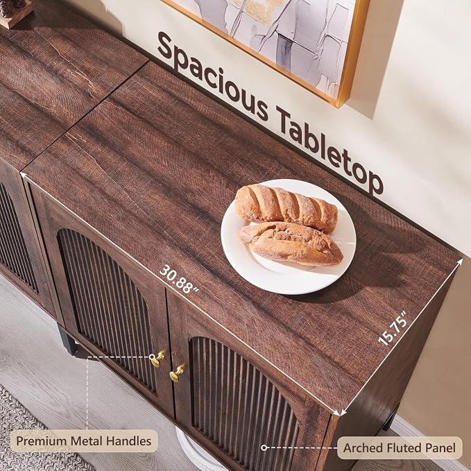 IFGET Modern TV Stands for 65 Inch TVs, 34" Tall Wood Entertainment Center w/Adjustable Shelves, Mid Century Modern TV Stand w/Arched Fluted Doors, Media Console Cabinet for Living Room, Brown - Image 5