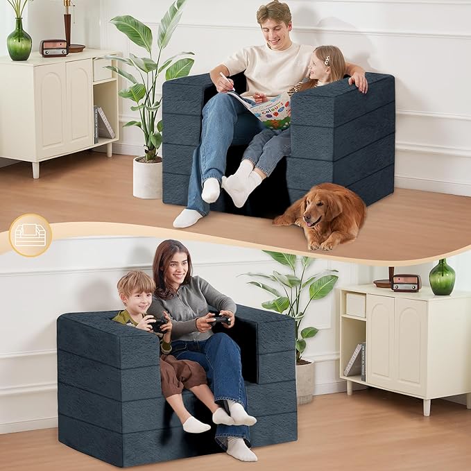 Futon Sofa Bed with Pillow, 3-in-1 Sleeper Sofa Bed with Removable Cover, Convertible Floor Sofa Bed, No Assembly Boneless Couch for Living Room, Bedroom