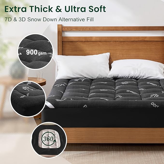 Love's cabin Queen Mattress Topper Viscose Derived from Bamboo, Thick Pillow Top Mattress Pad with Stretchable Pockets for 8"-20" Mattress, Breathable Cooling Mattress Topper for Hot Sleepers, Black