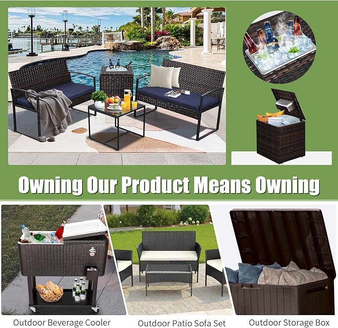 FHFO 5 Piece Outdoor Patio Furniture Set with 28”Gas Fire Pit Table & Ice Bucket Storage Box, Outdoor Wicker Rattan Patio Conversation Set for Outside, Poolside, Balcony, Porch, Brown-Blue
