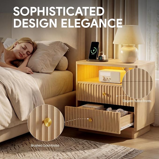 PAPROOS 23'' Fluted Nightstand Set of 2 with Charging Station, Modern Bedside Table with Motion Sensor LED Light, 2-Drawer Storage Cabinet for Bedroom & Home Office (2pc Natural Wood) - Image 5