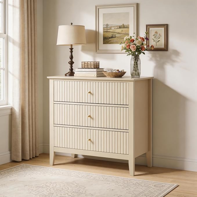 RoyalCraft Beige Fluted 3 Drawer Dresser, 32 inch Wide Dresser Nightstand for Bedroom, Modern Wood Chest of Drawers, Large Painted Nightstand with 3 Drawers for Closet, Hallway, Entryway by Bringyoubetterlife