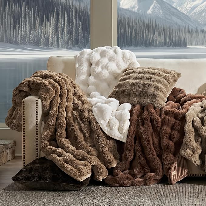 EverGrace Ultra Soft Luxury Fluffy Faux Rabbit Fur Throw Blanket, Thick Warm Bubble Throw for Bed, Cozy Plush Reversible Blankets for Couch, Chair, Sofa, Chestnut, 60x80 Inches