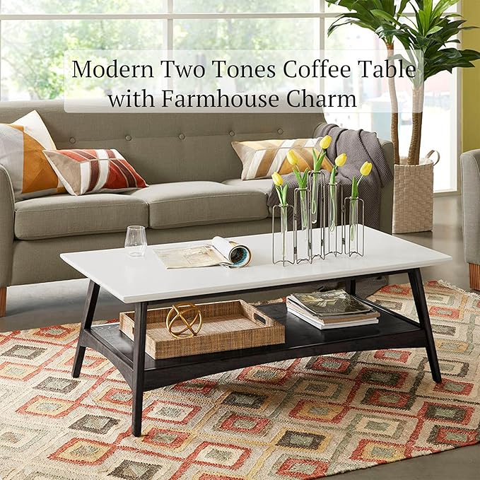 Madison Park Coffee Table with Storage Shelf, Rectangular Table for Living Room, Solid Wood Frame & Legs Accent Furniture for Living Room, Minimalist Décor - 48" W x 24" D x 17" H Off-White/Black