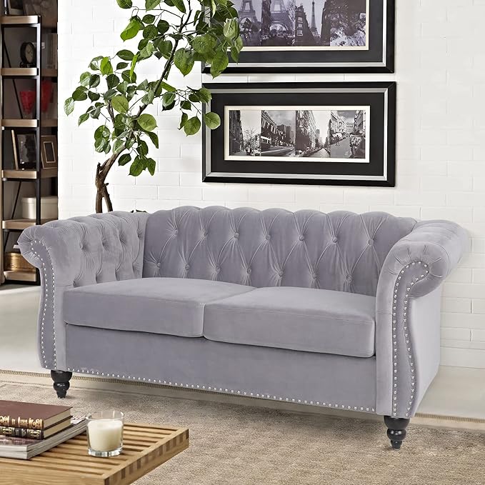 LEVNARY Velvet Sofa, Chesterfield Tufted Upholstered 2 Seater Couch, Modern Loveseat Couch Classic Furniture for Living Room Bedroom (Gray)