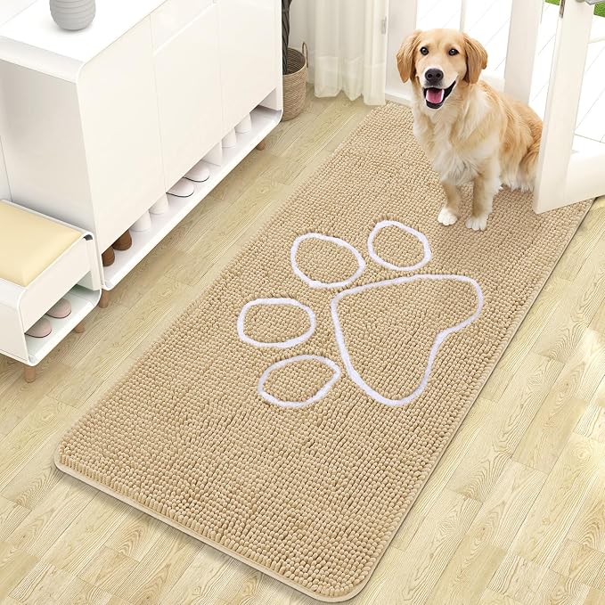 OLANLY Dog Door Mat for Muddy Paws 47x24, Paw Print Design, Absorbs Moisture and Dirt, Absorbent Non-Slip Washable Doormat, Quick Dry Chenille Mud Mat for Dogs, Entry Indoor Entryway Carpet, Beige by OLANLY