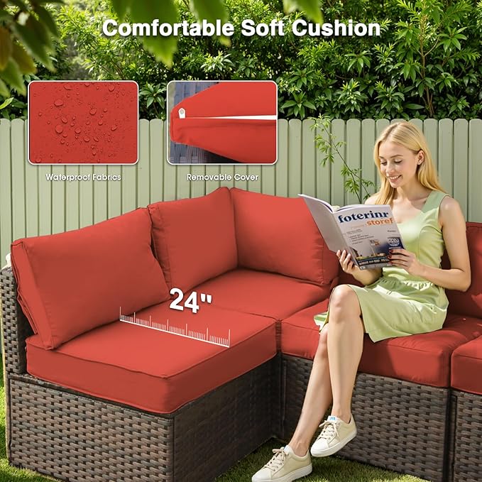 Patio Furniture Set 9 Piece All Weather PE Rattan Outdoor Sectional Sofa Couch with 8 x armless Sofa, No-Slip Cushions and Glass Top Table for Garden, Poolside, Backyard (Red)
