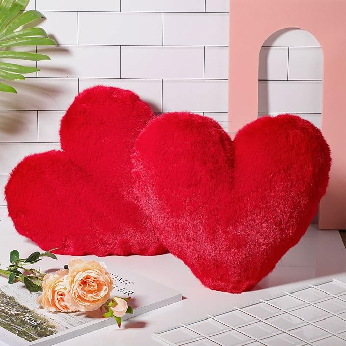Marsui 2 Pcs Heart Throw Pillows, Soft Fluffy Faux Fur Decorative Hearts Shaped Pillows for Living Room Sofa Bed, Cute Heart Themed Gift for Women(Red,11.81 x 11.02 Inch)
