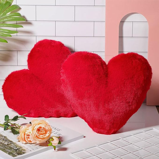 Marsui 2 Pcs Heart Throw Pillows, Soft Fluffy Faux Fur Decorative Hearts Shaped Pillows for Living Room Sofa Bed, Cute Heart Themed Gift for Women(Red,11.81 x 11.02 Inch)