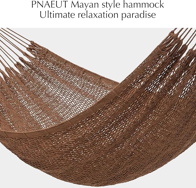 PNAEUT Handwoven Mayan Hammock, Thick Soft Rope Double Hammock for Outdoor Outside & Indoor, 600 lbs Capacity Heavy-Duty, Includes Tree Straps, Carabiners & Carrying Bag (Desert, X-Large) - Image 3