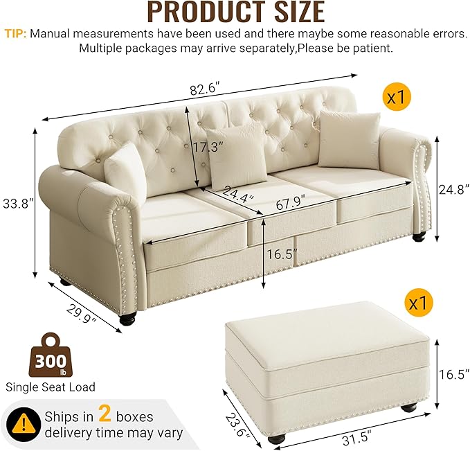 KEIKI 83" Velvet Chesterfield Sofa with Rolled Arms & Nailhead Trim & 1 Ottoman, Modern 3-Seater Button Tufted Couch with High Resilience Cushion & 3 Pillow, Easy Assembly, for Living Room, White